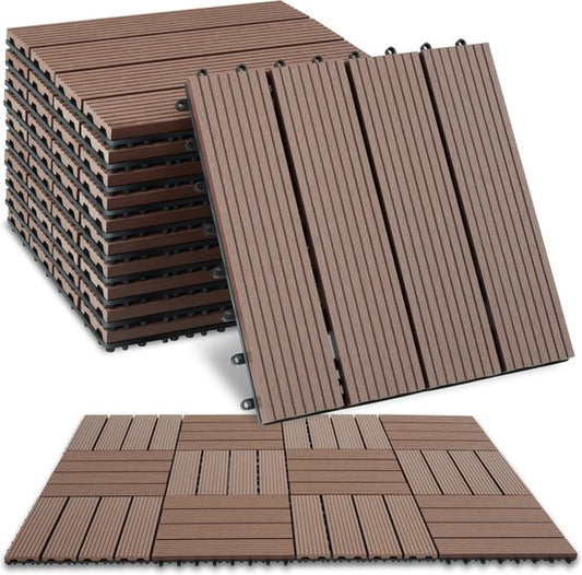 tectake® WPC houten tegels - Houtlook tegels - Weerbestendig - Vloerbedekking voor buiten - Vloertegels - Balkonvloer - Terrastegels met kliksysteem - Afvoer - Set van 11 - Bruin