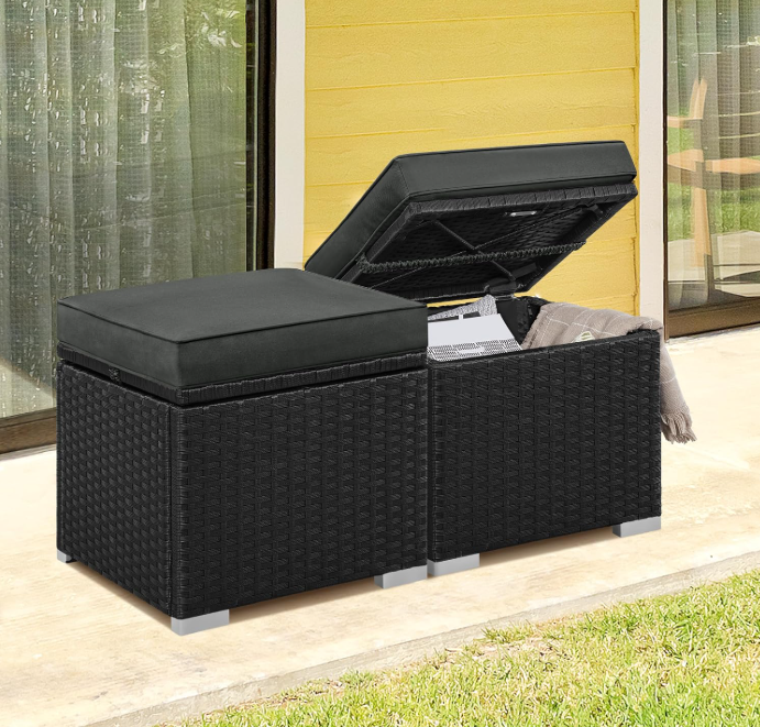 Yaheetech Rotan Poefs Set van 2 Zwart/Grijs 39,4 x 39,4 x 40,6 cm