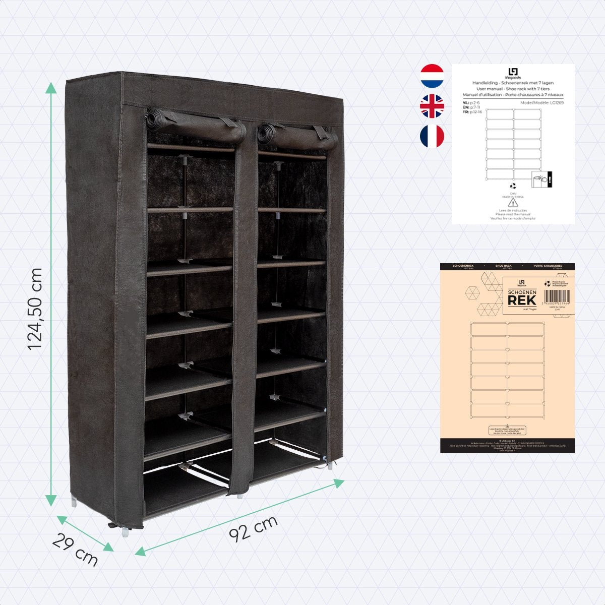 LifeGoods Schoenenrek - 7 Laags - Opbergsysteem 28 Paar schoenen - Schoenenkast - Afsluitbaar - Zwart