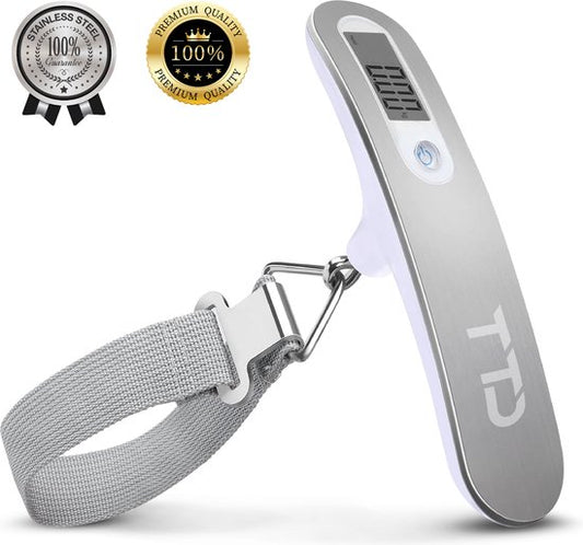 TTD® Kofferweegschaal - Tot 50 kg - Bagageweegschaal - Bagageweger - Hangweegschaal - Digital Luggage Scale - Kofferweger - Reizen met Vliegtuig - kg/g/lbs/oz - Inclusief Batterijen - Wit