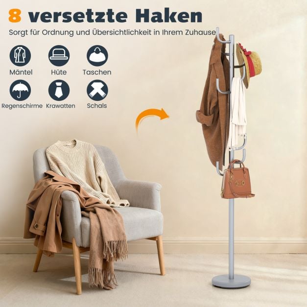 Coast Garderobestandaard Zilver – Moderne Kactus Kapstok met 8 Haken – 26,67 x 119/175 cm