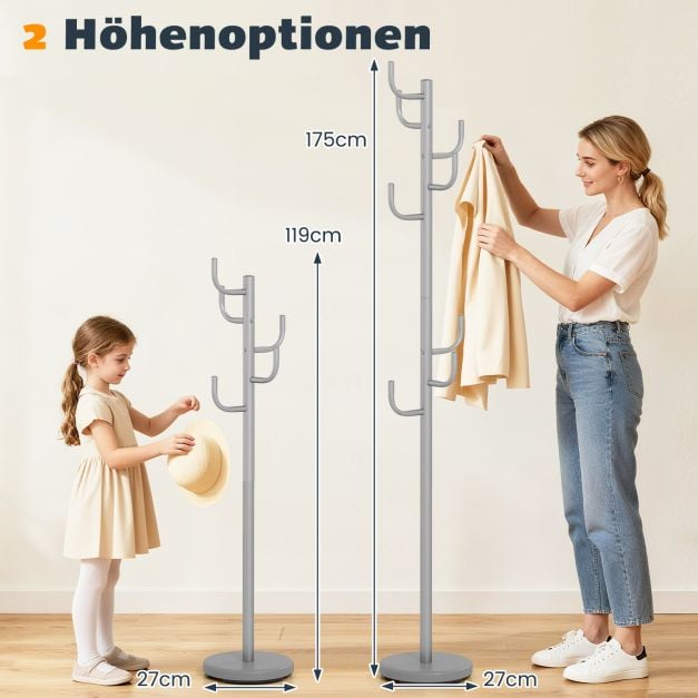 Coast Garderobestandaard Zilver – Moderne Kactus Kapstok met 8 Haken – 26,67 x 119/175 cm