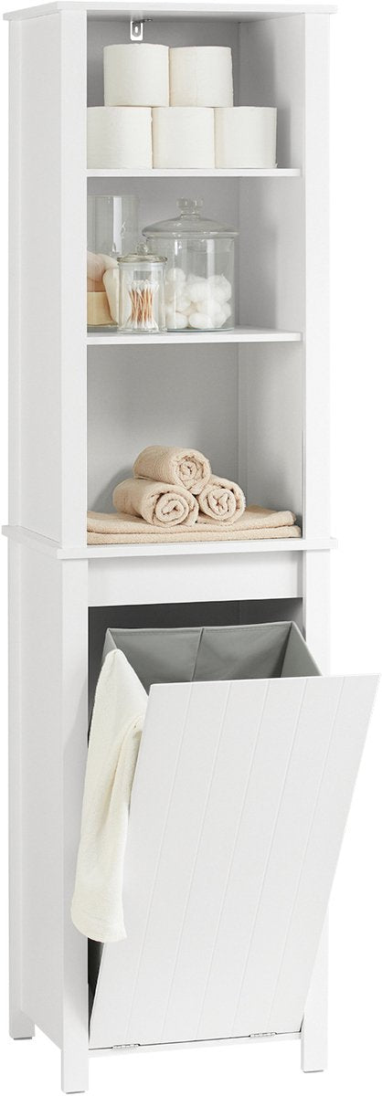 SoBuy Badkamer Kolomkast - Hoge Kast - 3 planken - 1 kantelbare wasmand -  45 x 35 x 171 cm - Wit