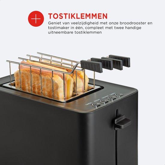 Bourgini Tosti Toaster - Broodrooster met Tostiklemmen - Zwart- Extra brede sleuf geschikt voor 2 tosti's - Instelbare bruiningsstand en ontdooifunctie