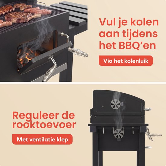 KitchenBrothers Houtskool BBQ XL - Dual Zone Smoker Barbecue - Met Verstelbare Kolenroosters & Inklapbare Zijtafels - PFAS-vrij - 42,3x75,8cm Grilloppervlak - Zwart