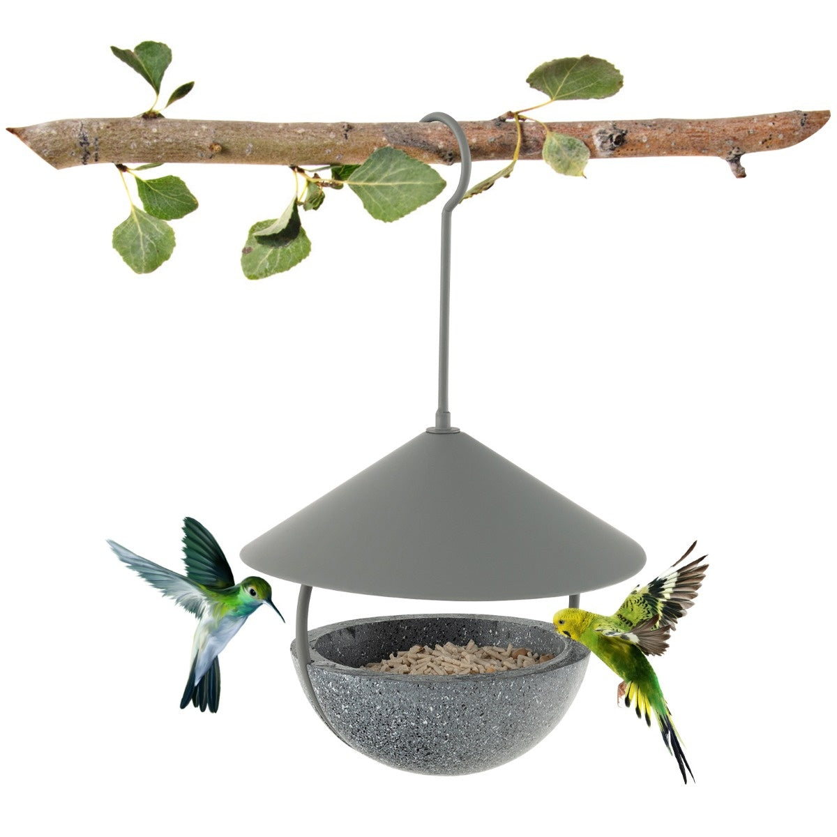 Coast Vogelvoederhuis Vogelbad - 2-in-1 Dispenser, Hangend - Ø 15,5 x H 35 cm - Hars/Metaal - Grijs