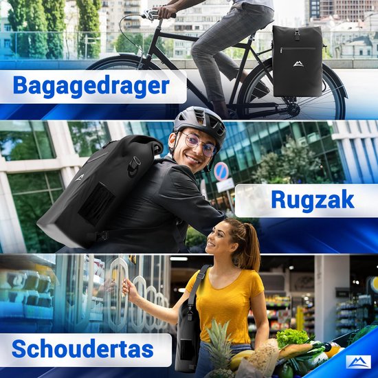 Nextcover 3in1 Fietstas Enkel voor Bagagedrager [PVC vrij] | Waterdichte Fietstas, Rugzak en Schoudertas 25L | Ideaal voor Laptop en Wekelijkse Aankopen | Fiets Tas Enkele | Fietstassen