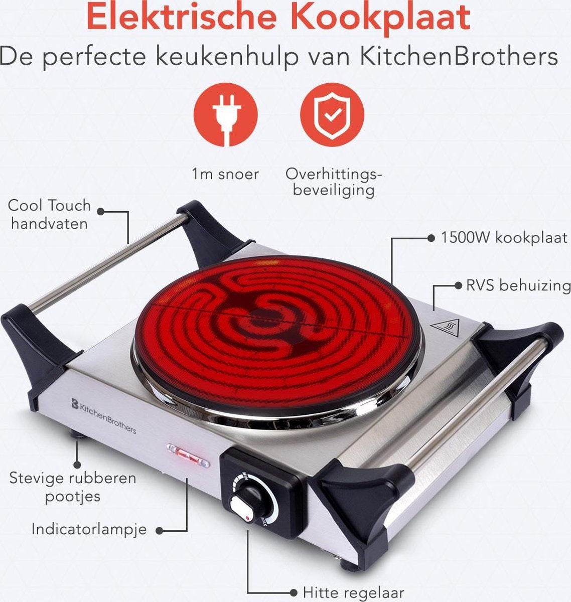 KitchenBrothers Elektrische Kookplaat - 1 Pits - 1500W - RVS