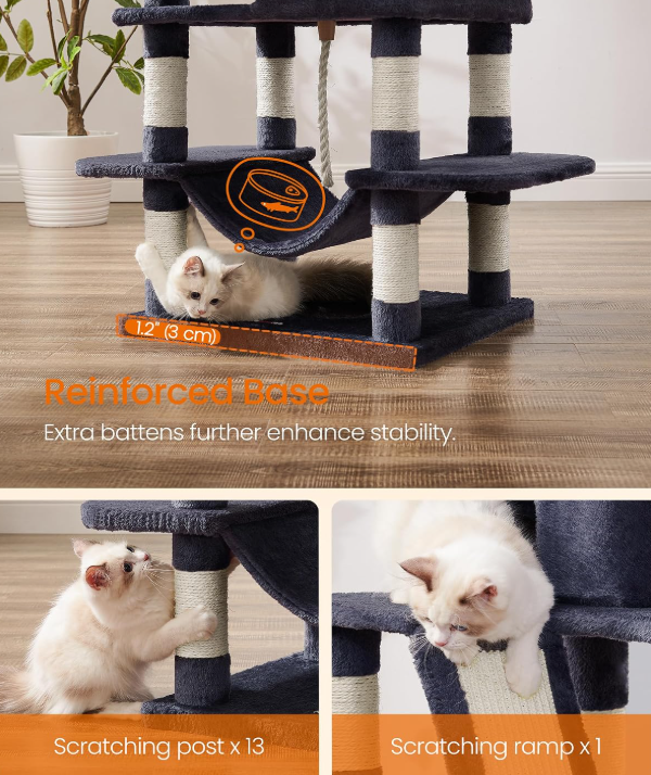 Songmics Krabpaal 168 cm - Kattentoren met 13 Krabpalen - Rookgrijs