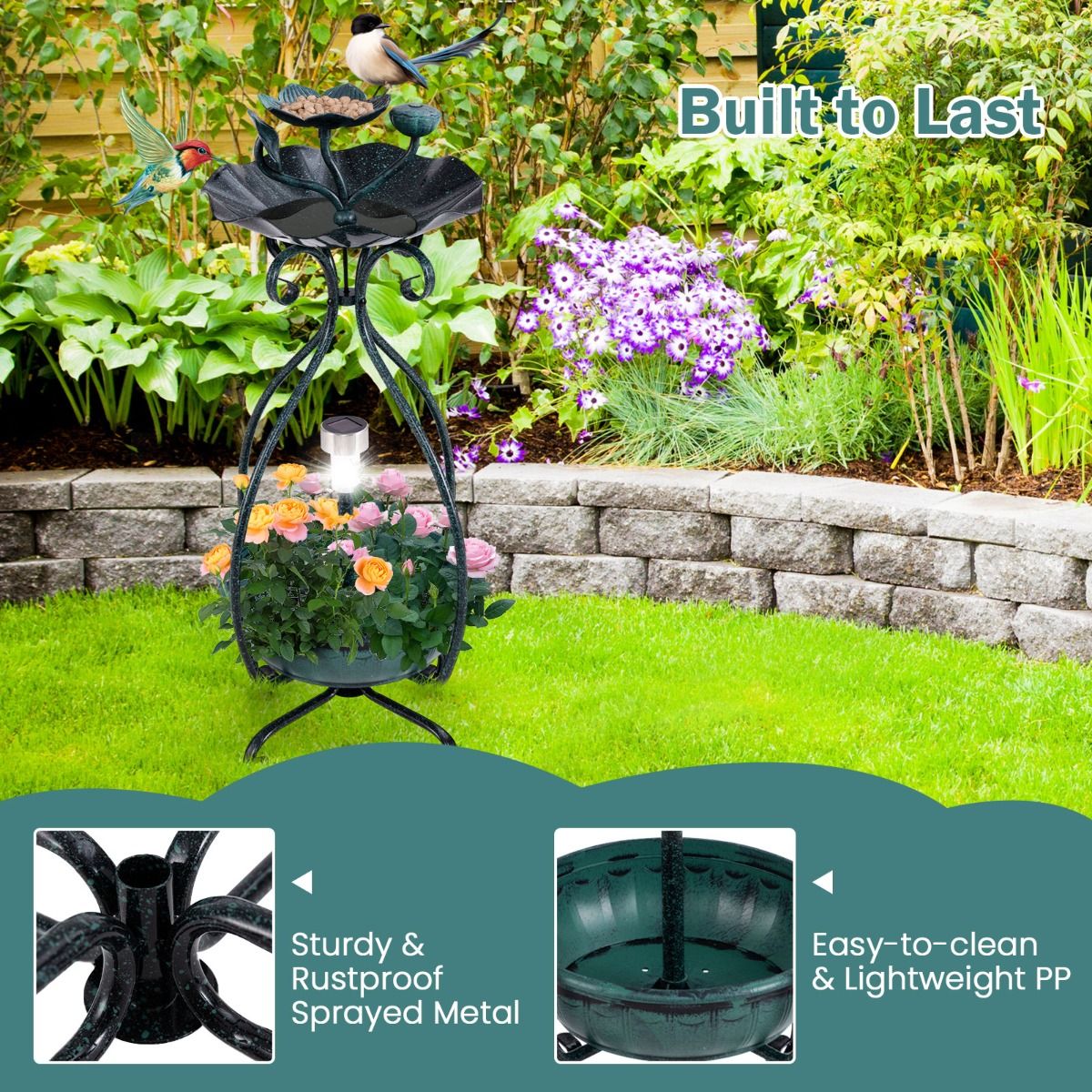 Coast Vogelbad met zonnepaneel - vogelvoederautomaat en bloempot - decoratieve lotus en bladeren - groen