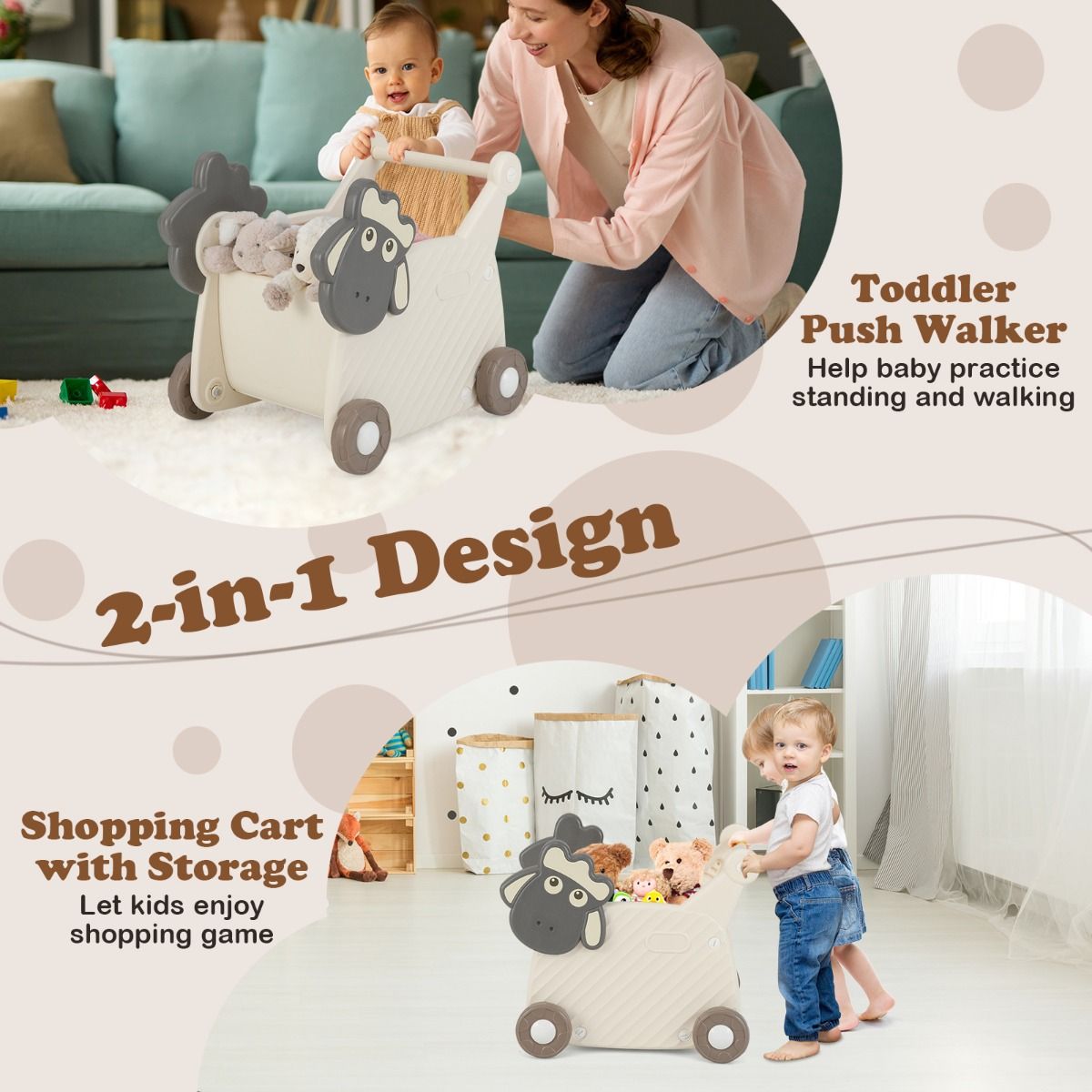 Coast Schaap Loopwagen voor Kinderen - 2-in-1 Opbergwagen en Looprek - 18 Liter - Beige en Grijs