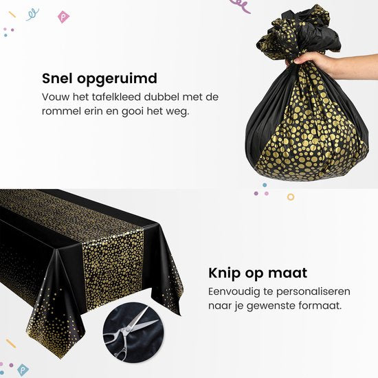 Partizzle 2x Plastic Wegwerp Tafelkleed - Verjaardag Feest Versiering - 50 Jaar Abraham Sarah Decoratie - Kerst Oud en Nieuw 2025 Artikelen / Nieuwjaar - Zwart en Goud - 274 x 137 cm