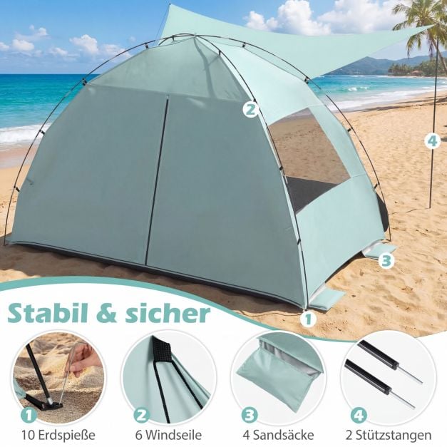 Coast Strandtent 260 × 150 × 160 cm – Beach Shelter met Luifel, UPF 50+ UV-Bescherming, Mesh Ramen & Draagtas – Groen