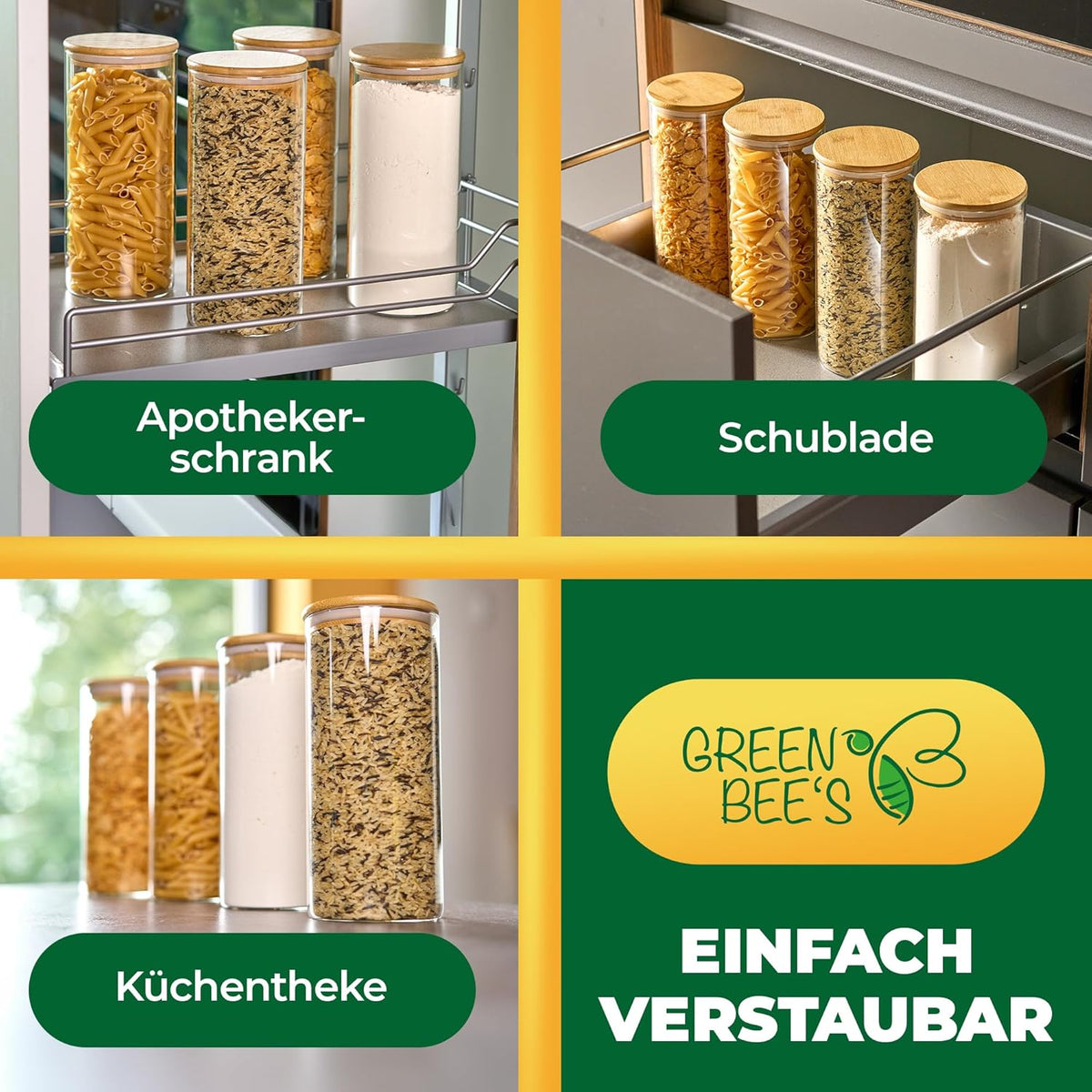 GREEN BEE`S voorraadpot groot - 2x1500ml Nieuw model - Perfect voor lade & apothekerskast - Duurzame voorraadpotten met luchtdichte deksels - Voor bloem, suiker, pasta, koffie & havermout