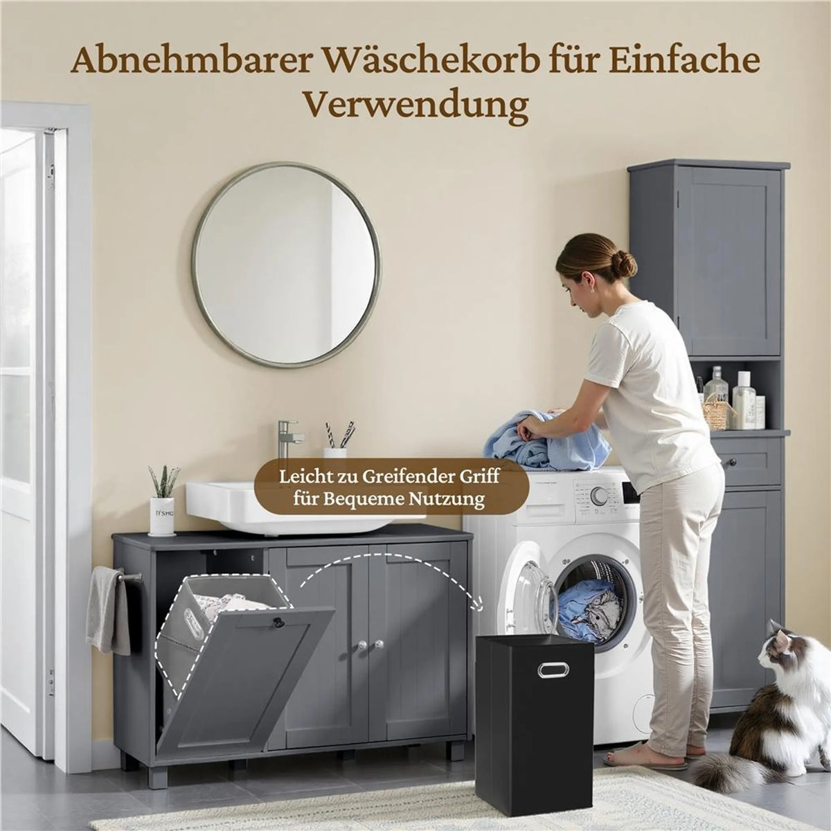 Yaheetech Wastafelonderkast met U-uitsparing en Wasmand 90x30x62,5 cm – Donkergrijs – MDF en Metaal