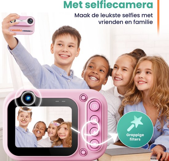 ODESSEY Waterdichte Kindercamera - met Tripod - Full HD - Selfie Camera - 32GB SD Kaart - Foto - Video - Spelletjes - Digitale Camera Kinderen - Fototoestel voor kinderen - Roze