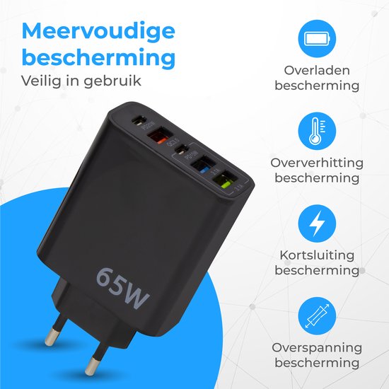 Nuvance - USB Adapter - 5 Poorten - USB Stekker - USB Oplader - Geschikt voor iedere USB Kabel - Zwart