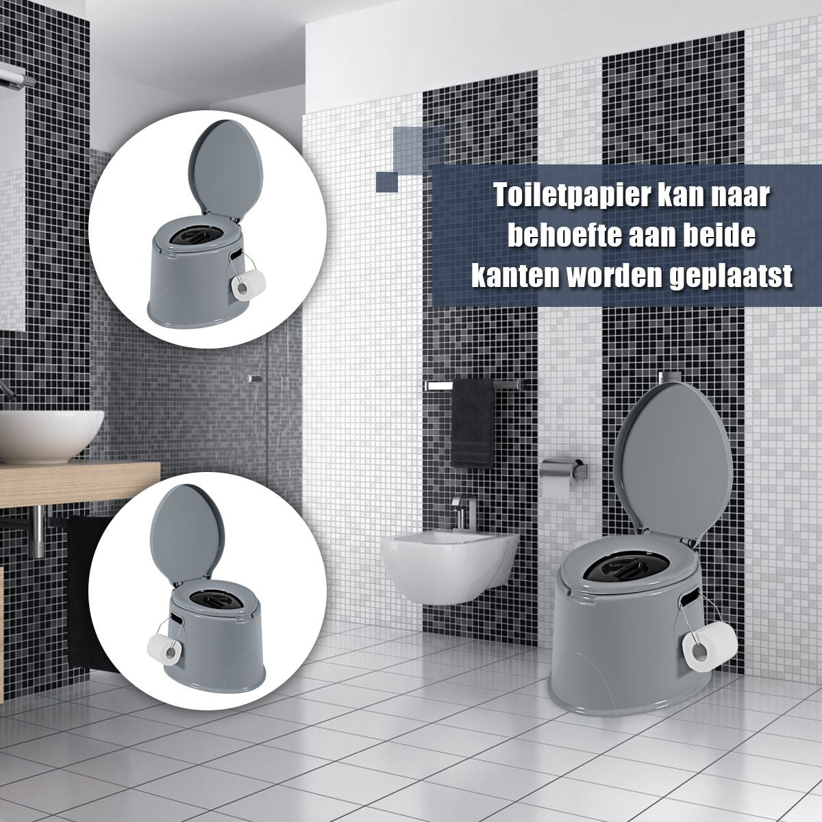 Coast Draagbare Toiletpot voor op Reis - Uitneembare Binnenemmer - Toiletpapierhouder - 41 x 49 x 34 cm - Grijs