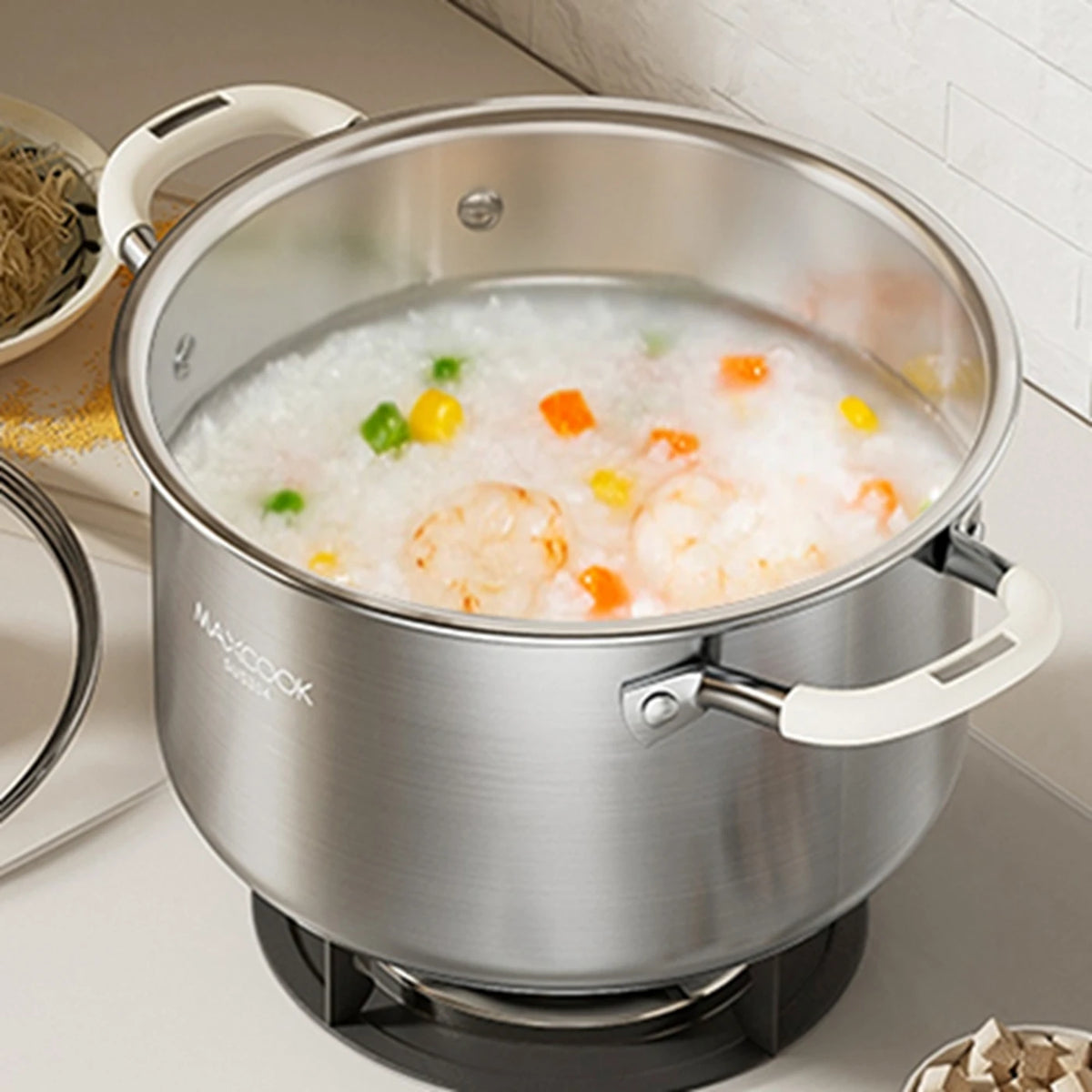 MAXCOOK Soeppan Ø22 cm - 4,3 Liter - RVS 304 - Geschikt voor Inductie - Glazen Deksel - Siliconen Handgrepen