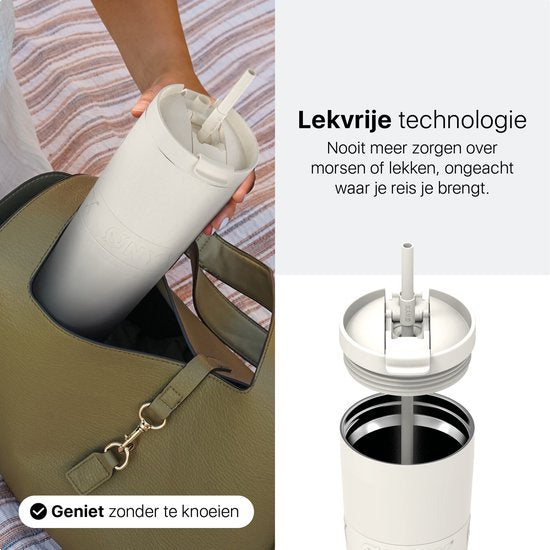 ONYX Drinkfles met Rietje 700ML - Waterfles voor Kinderen & Volwassenen - Thermosbeker RVS Travel Mug - Motiverende Drinkbus - Drinkbeker voor School - Coco White