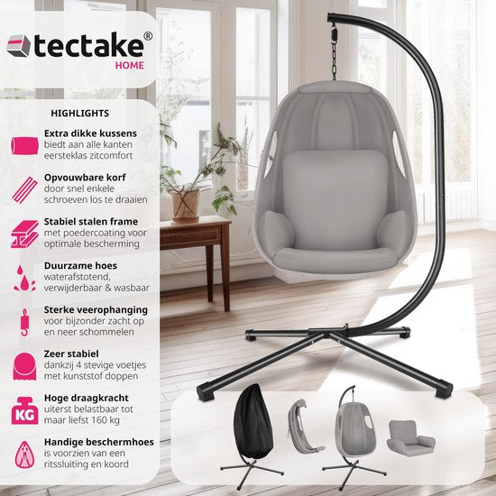 tectake® Hangstoel met frame - Schommelstoel met kussen + rugkussen - Meubels voor woonkamer of slaapkamer - Balkonmeubilair - Binnen of buiten - Tot 160kg - Lichtgrijs