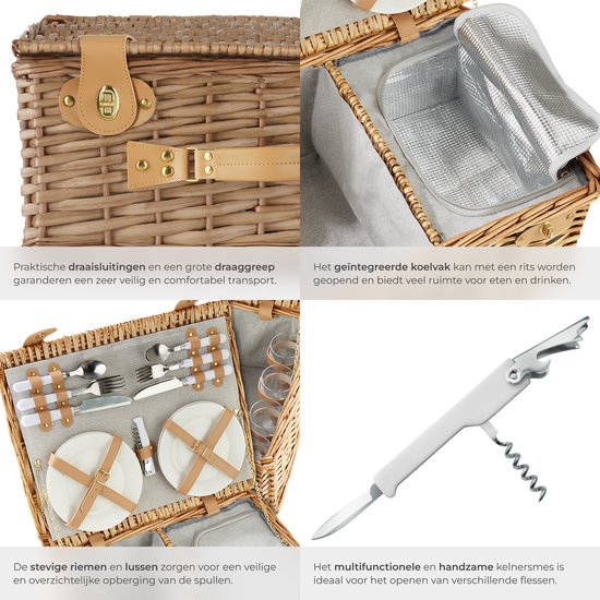 tectake® Picknickmand Set Terschelling – 21-delig – Luxe Picknickset 2 Pers. – Inclusief Koelvak & Bestek