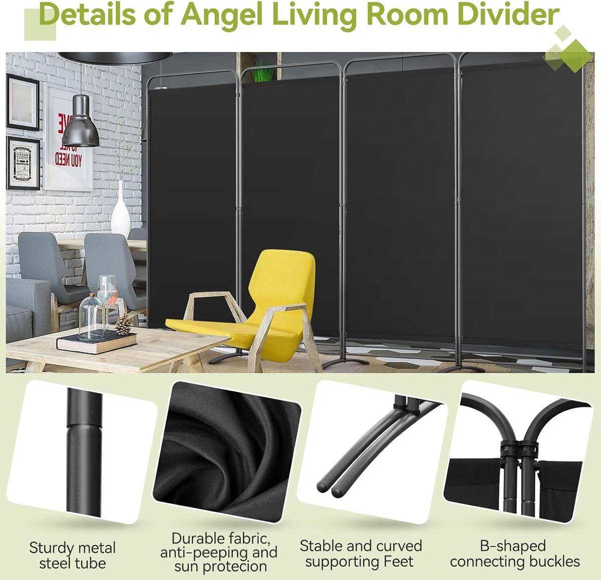 Angel Living Kamerscherm - 4 Panelen - 324 x 180 cm - Zwart