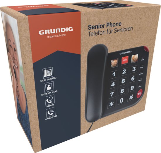 Grundig Senioren Telefoon Huistelefoon - Huistelefoon Senioren Grote Toetsen - Seniorentelefoon met Foto Sneltoetsen - Luidspreker en SOS-Knop - Zwart