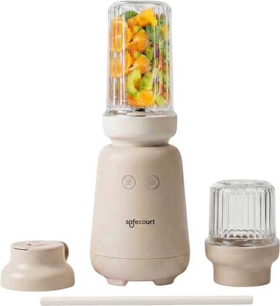 Safecourt Kitchen PureBlend - 1000W Smoothie maker - BPA vrij - inclusief to-go drinkdeksel + rietje- Premium Tritan blendbekers - Beige