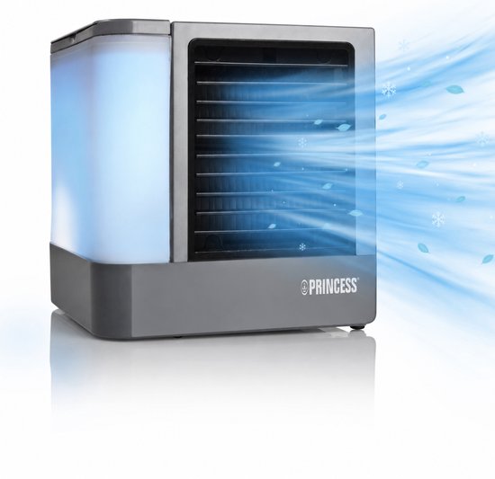 Princess 355500 Premium Mini Luchtkoeler 14,2x14,2x14,8cm – Draagbare airco voor Bureau, Slaapkamer – Aircooler USB-C, 7 Kleuren LED Verlichting, Uitneembaar Waterverdampingsfilter, Persoonlijke Verkoeler, Compact voor Thuis, Kantoor en Reizen