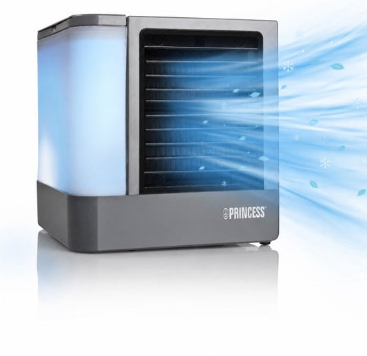 Princess 355500 Premium Mini Luchtkoeler 14,2x14,2x14,8cm – Draagbare airco voor Bureau, Slaapkamer – Aircooler USB-C, 7 Kleuren LED Verlichting, Uitneembaar Waterverdampingsfilter, Persoonlijke Verkoeler, Compact voor Thuis, Kantoor en Reizen