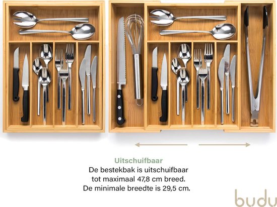 Budu Uitschuifbare Bamboe Bestekbak #38 (38 cm diep) - Bestekcassette Hout - Besteklade - 38 x 29,5 - 47,8 cm - 5/7 vakken