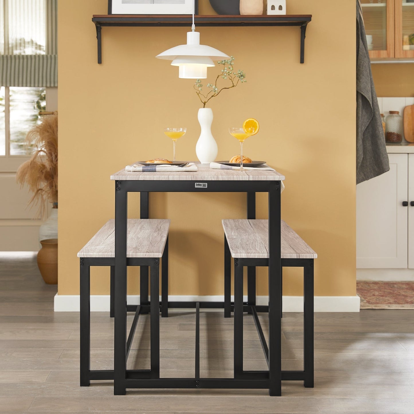 SoBuy 3-Delige Eettafelset OGT25-HN - 2 Banken 1 Eettafel - MDF met Metalen Poten - 110 x 74 x 58 cm - Natuur/Zwart
