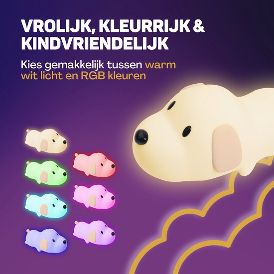 Vulpes Goods® Nachtlampje Kinderen - LED Licht & 8 Kleuren – Nachtlampje Babykamer – Puppy – USB-Oplaadbaar – Dimmer – Timer – Draadloos - Kindvriendelijk