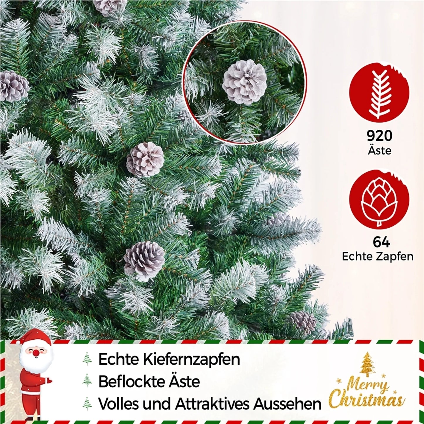 Yaheetech Kunstkerstboom Besneeuwd – 183 cm – Voorzien Van 920 Takken En Natuurlijke Dennenappels En Opvouwbare Metalen Standaard – Voor Binnen En Buiten – Groen PVC En Metaal – 106 x 106 x 183 cm