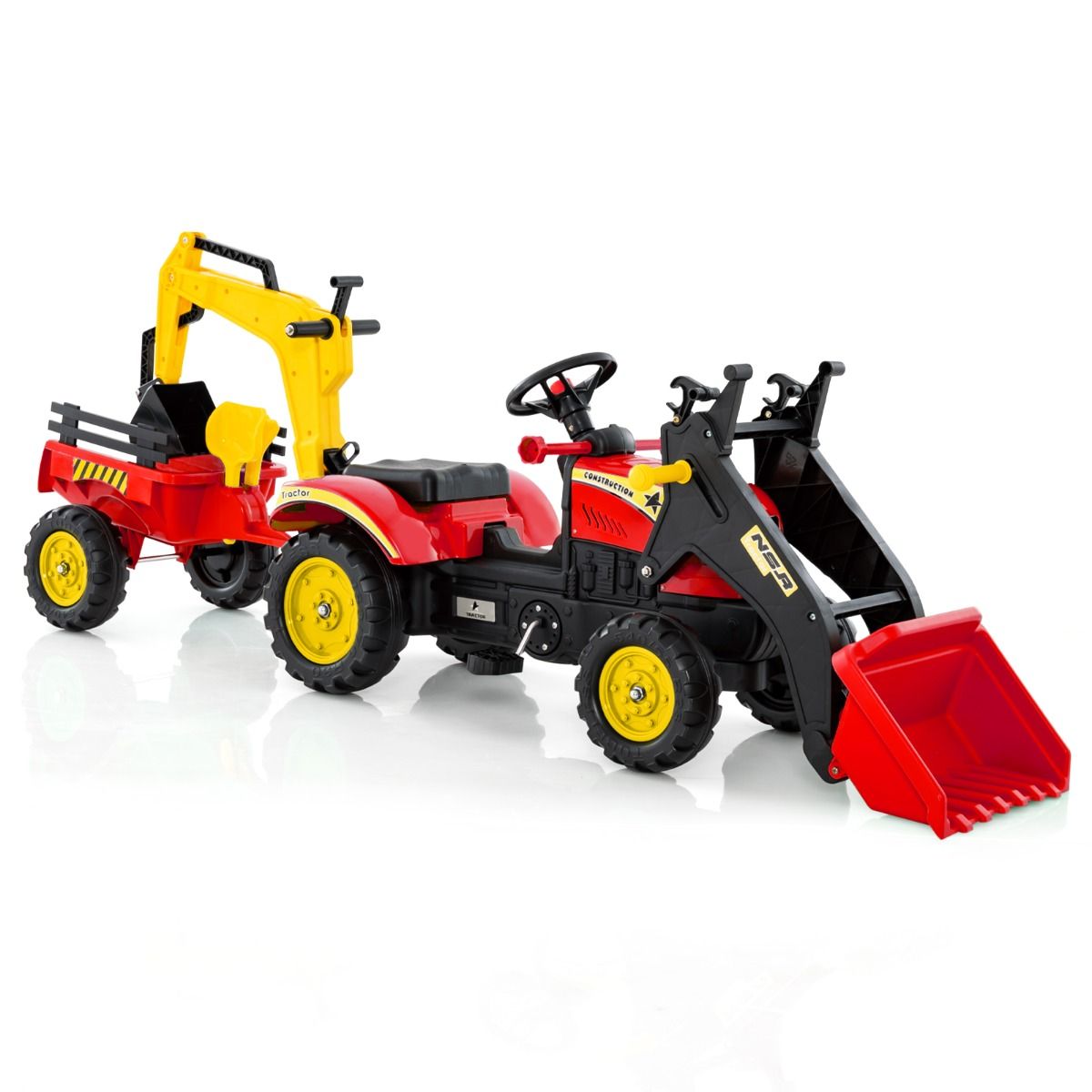 Coast Kinderzittractor - 3-in-1 graafmachine met afneembare aanhanger - 6 wielen - rood