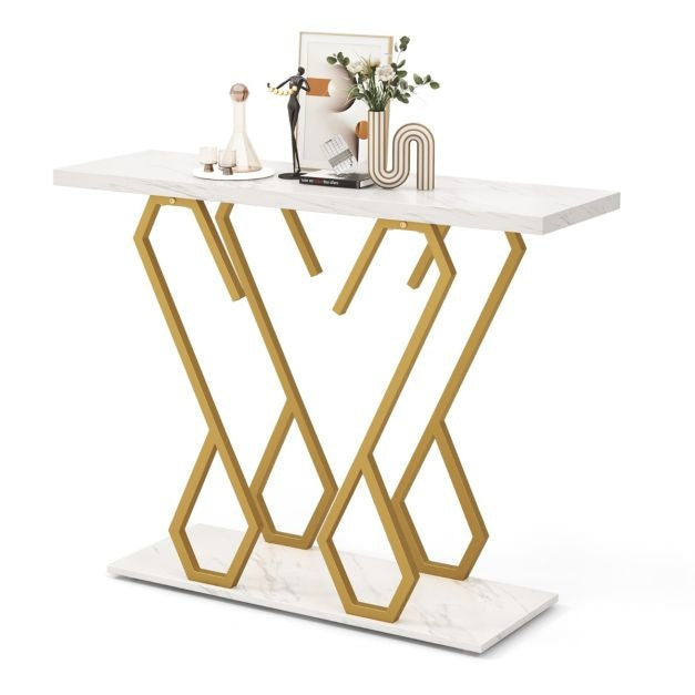 Coast Bijzettafel - Marmerlook - 100 x 30 x 79 cm - Wit/ Goud