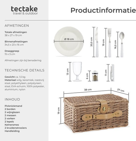 tectake® complete Picknickmand Set Ameland - Luxe 13-delige Picknick set voor 2 personen - Picknick Mand van Riet - Inclusief Koelvak, Set met Borden, Kunststof Wijnglazen en Roestvrijstalen Bestek