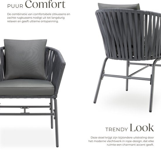 tectake® Tuinstoel, set van 2, metalen buitenstoel, terrasstoel met armleuningen, lounge chair, tuin fauteuil, tuin meubels, balkon meubels, tuinset lounge, waterafstotende kussens, verstelbare poten