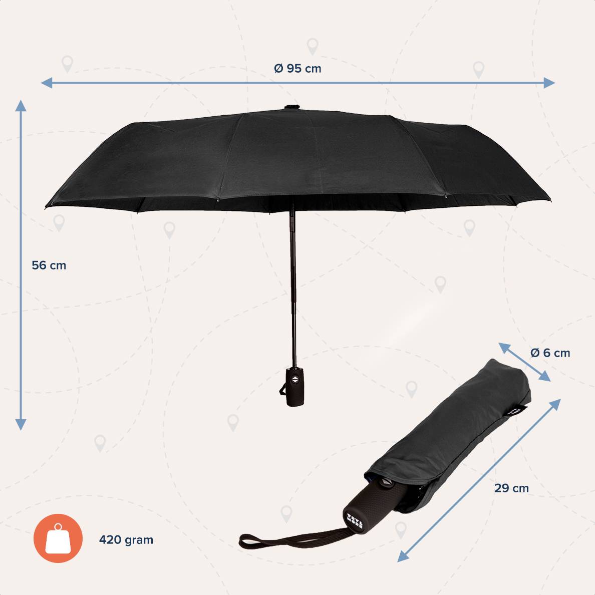 TRVLMORE automatische stormparaplu 107 cm diameter Zwart – lichtgewicht en windbestendig