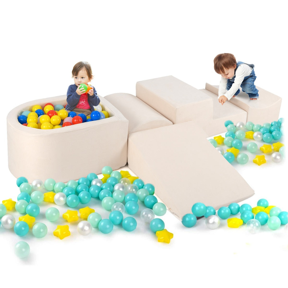 5-delige Foam Speelblokken met Ballenbad – Zachte XXL Bouwblokken voor Peuters en Kinderen – Beige – Om te Spelen, Klimmen & Bouwen