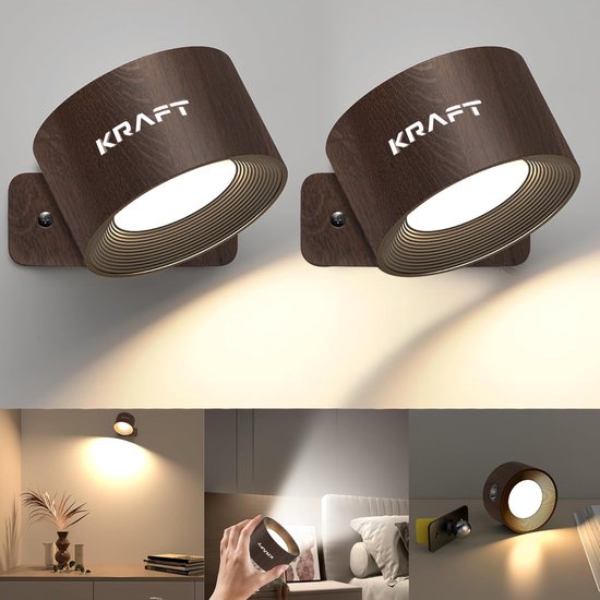 KRAFT - Wandlamp Oplaadbaar - 2 stuks - Eikenhout Kleur - 6x9x15 cm