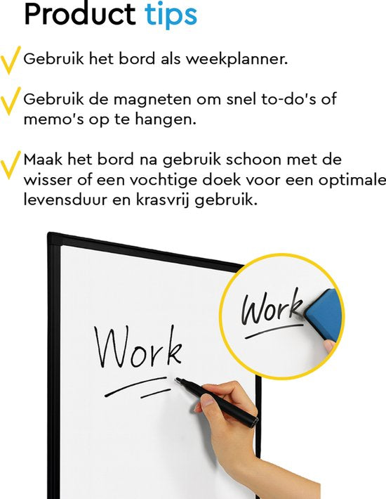 BRASQ Whiteboard 60x90 cm magnetisch – met accessoires set (markers, wisser, magneten) - Schoolbord - Magneetbord – zwart