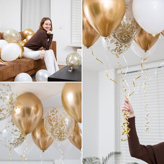 Partizzle 50x Ballonnen Wit en Goud - Helium Geschikt - Papieren Confetti - Nieuwjaar / Oud en Nieuw - Bruiloft, Huwelijk Kerst Ballonnenboog Decoratie - Latex