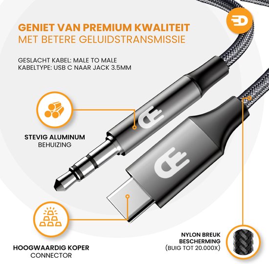 Drivv. USB C naar AUX Kabel - nylon - 1 meter