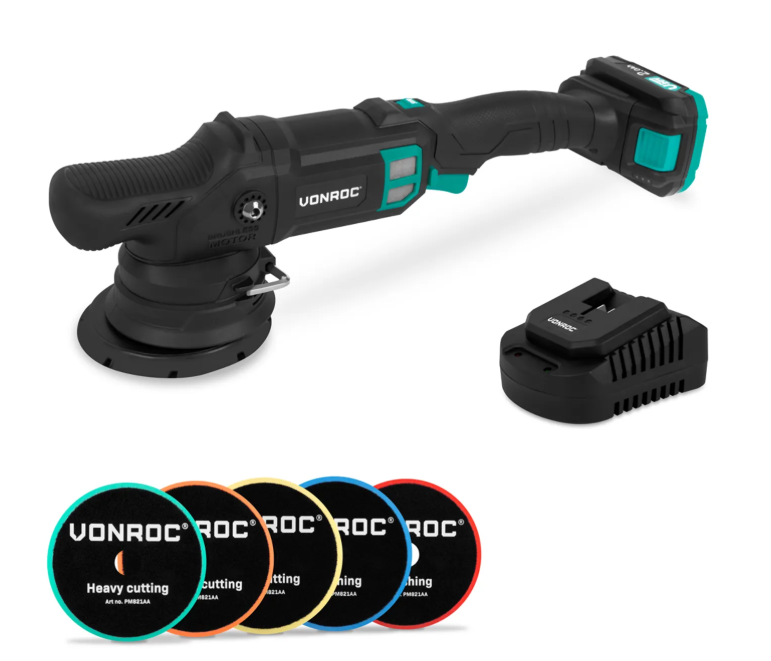 VONROC PRO Excentrische Polijstmachine 20V - 125 mm - 15 mm Uitslag - Inclusief 2,0 Ah Accu, Snellader en 5 Polijstschijven