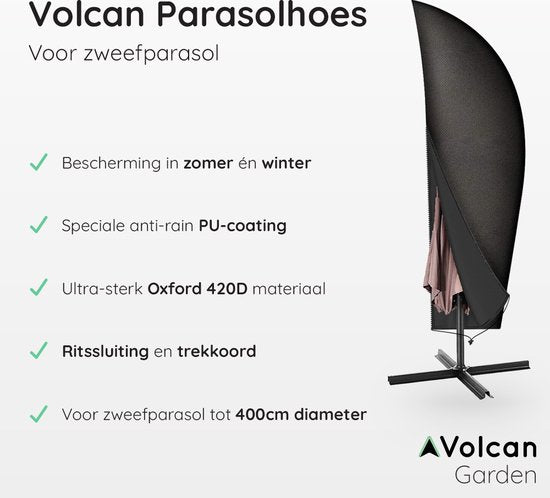 Volcan Parasolhoes voor Zweefparasol - Tot 400cm - Waterdicht - Oxford 420D - Met Rits, Trekkoord, Stok en Opberghoes - Zwart