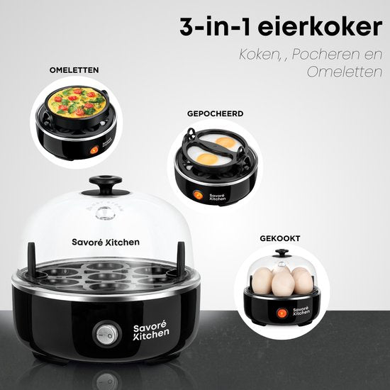 Savoré Kitchen 3-in-1 Eierkoker 7 Eieren - Electrisch - Eierkokers met Timer - Zwart