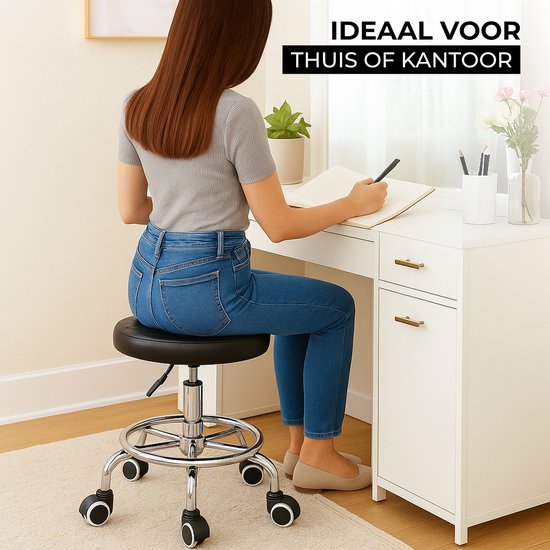 Bayt Zadelkruk - Zadelstoel Rond - Kapperskruk - Zadelkruk op wielen - Tabouret - In hoogte verstelbaar - Zwart