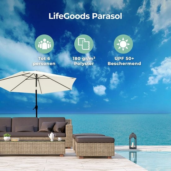 LifeGoods Parasol - Ø270 cm - 30° Kantelbaar - Waterdicht - met Hoes - Crème